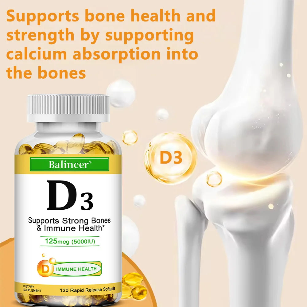 Balincer Vitamin D3 5000 IU (125 Mcg), Dietary Supplement for Bone, Teeth, Muscle and Immune Health Support, 30/60/120 Softgels - GilloServ