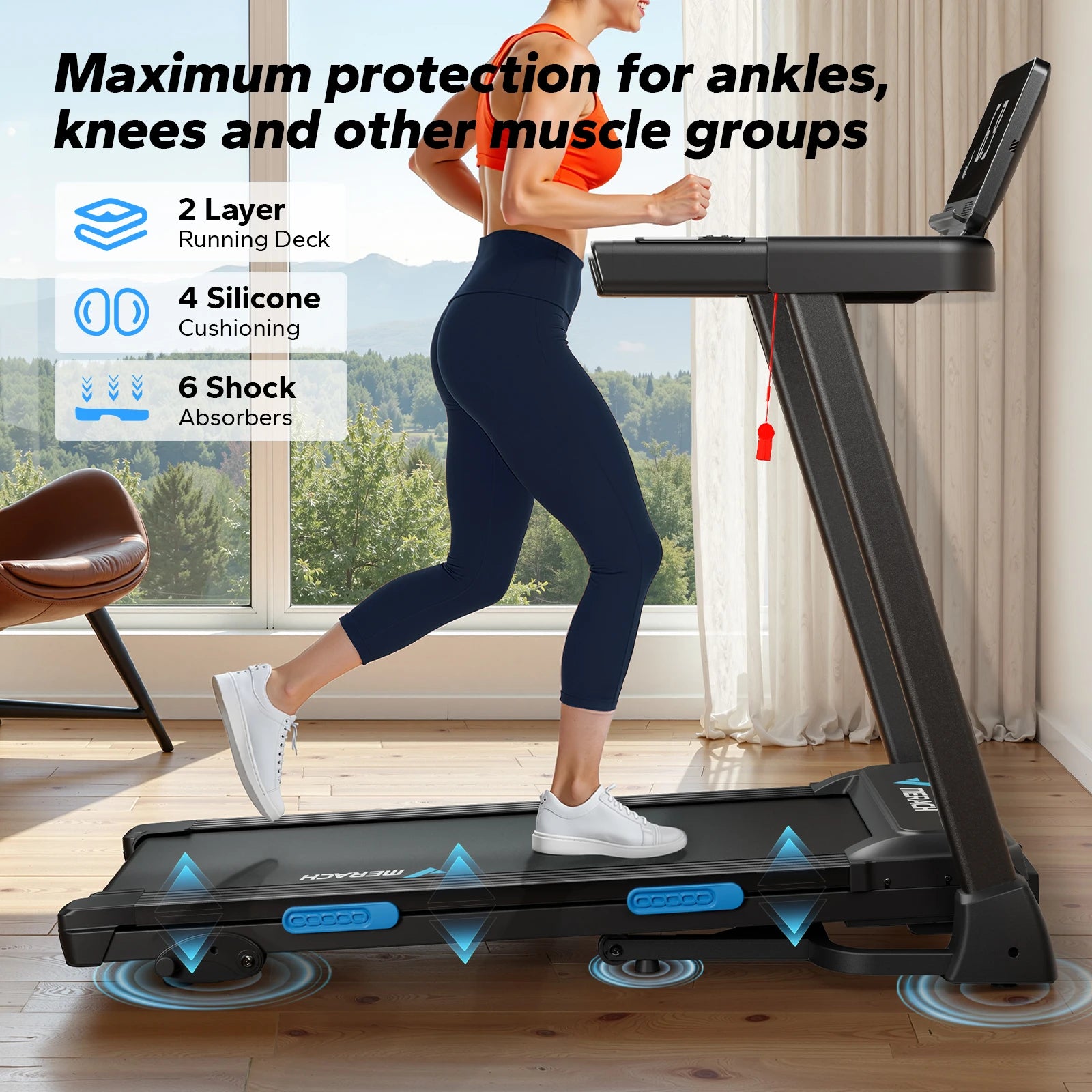 MERACH Foldable Treadmill T12 Incline Quiet Treadmills Double Deck Technology 4 Silicone Shock Cushion Heart Rate Monitoring - GilloServ