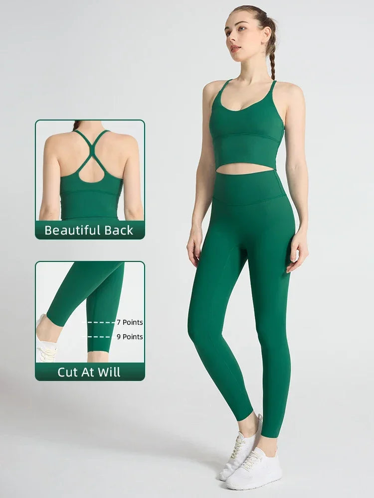 2-piece Yoga Suit Women Sportswear Fitness Set Cross back Yoga Tops - GilloServ