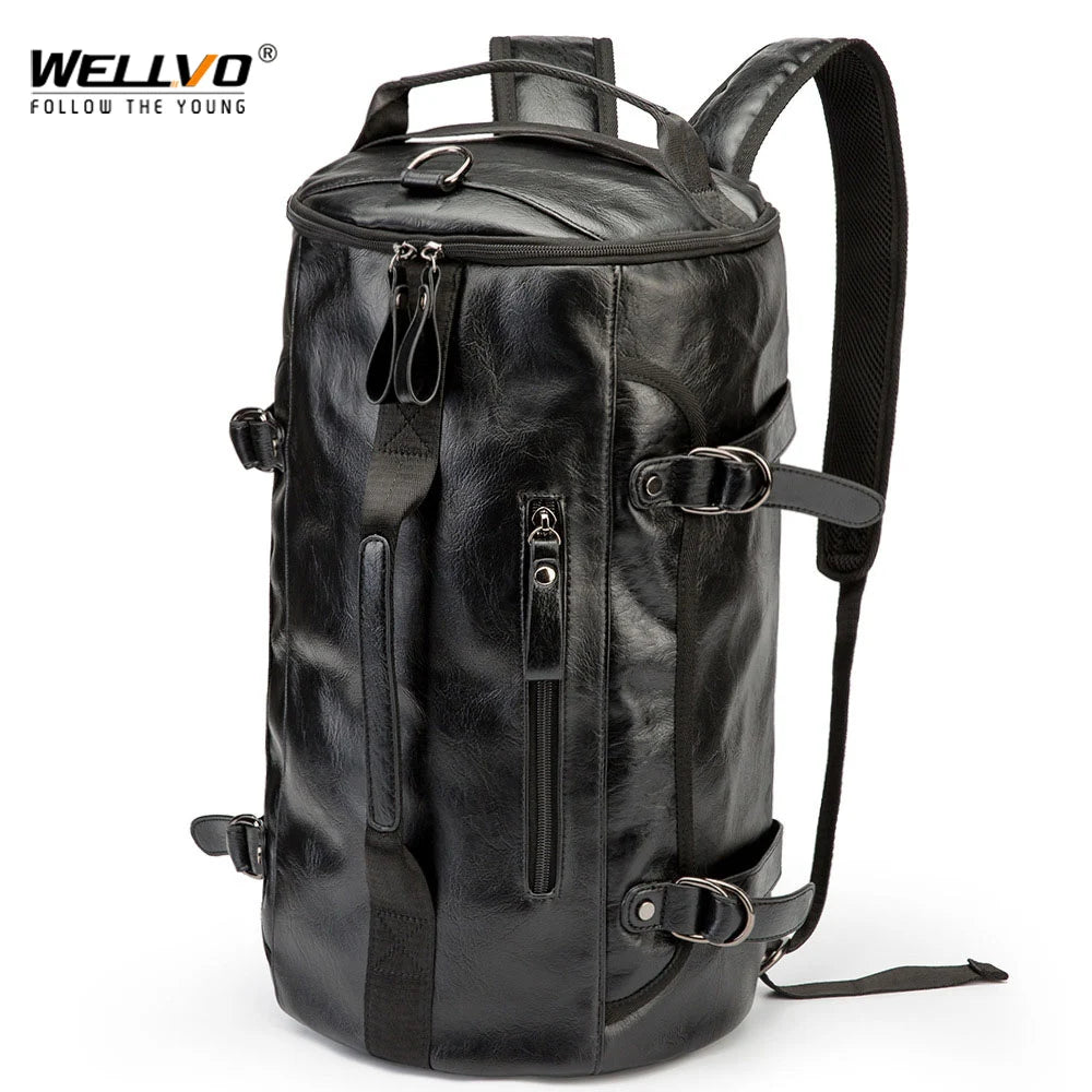 Men Leather Bucket Backpack Multifunctional Travel Bag Large Capacity - GilloServ