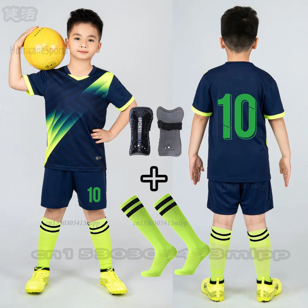 Boys Football Jersey Sets+Socks+Shin Pads Child Soccer Sports - GilloServ