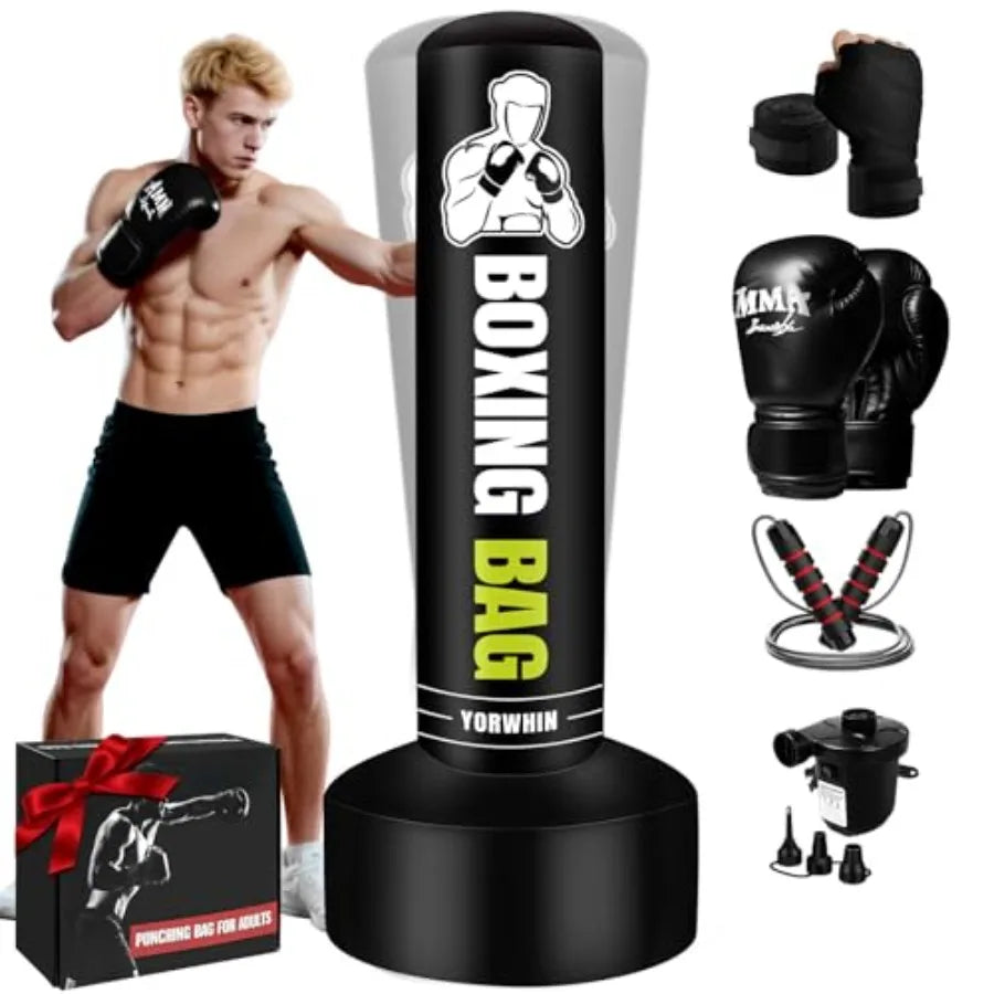Freestanding Punching Bag for Adults Teens// 70'' Heavy Boxing Bag with Stand Includes Gloves Pump and Jump Rope Ideal for Home G - GilloServ