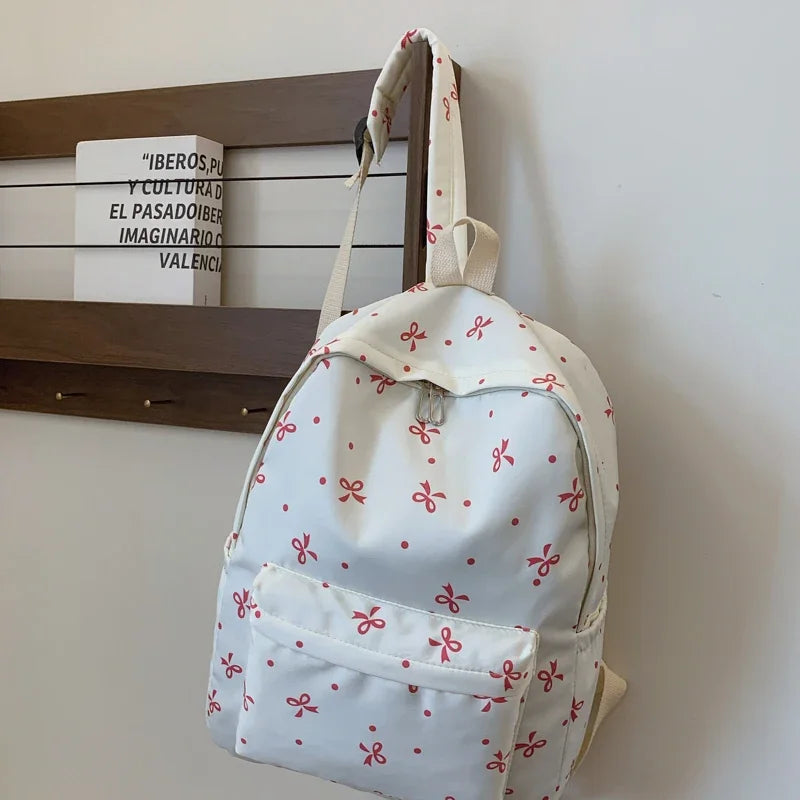 For Women Campus Life Back To School Backpack Playful Bow Print Bookbag Quilted Comfort Multi Pocket Organization System - GilloServ