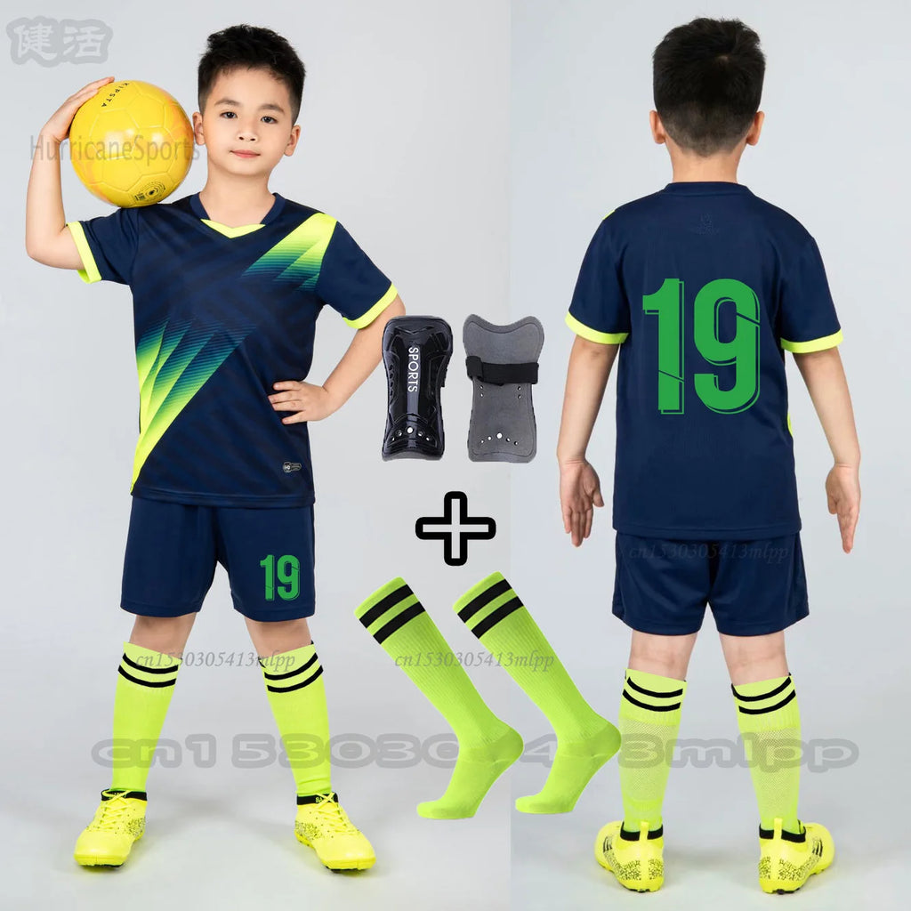 Boys Football Jersey Sets+Socks+Shin Pads Child Soccer Sports - GilloServ