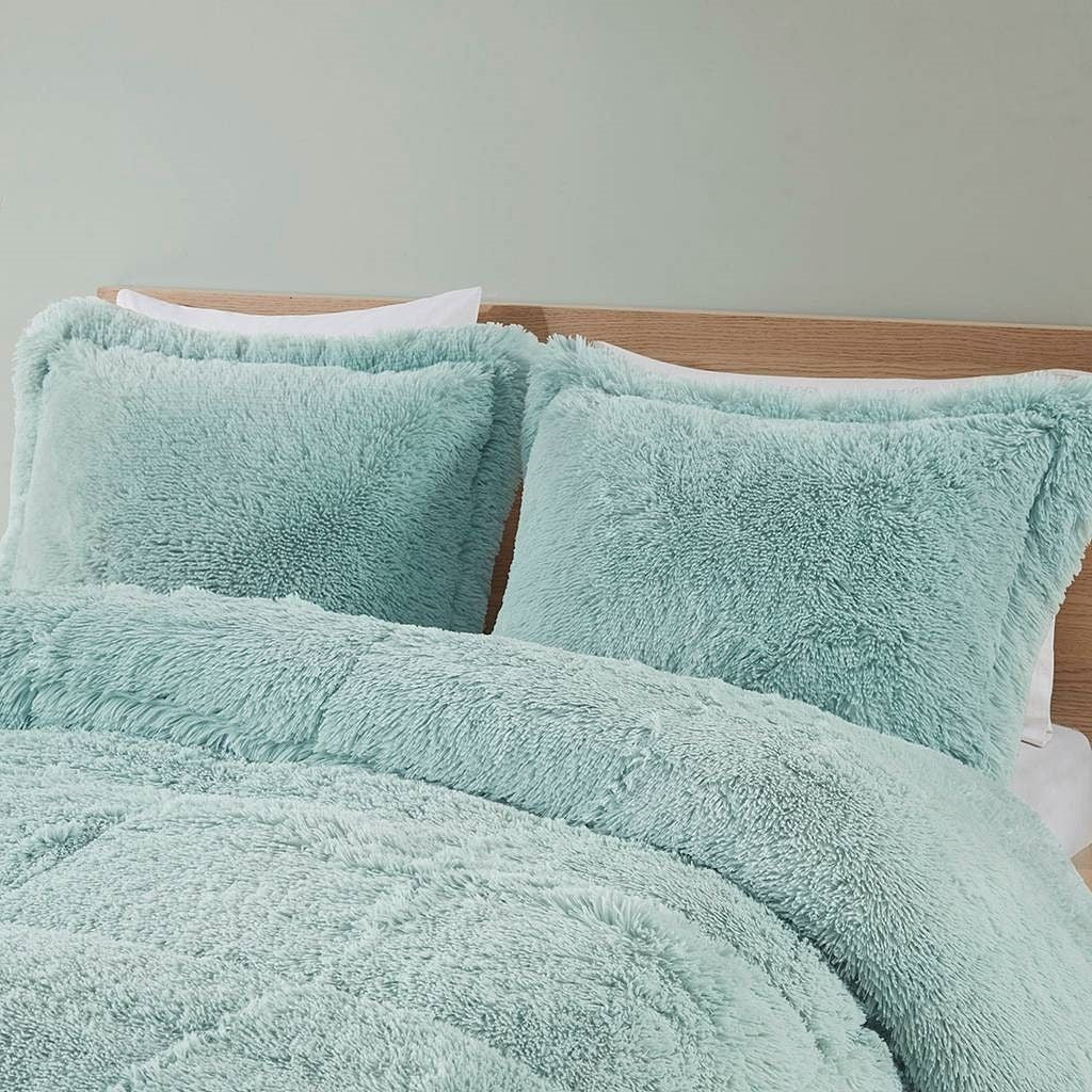 Twin XL Soft Sherpa Faux Fur 2 Piece Comforter Set Light Teal Blue