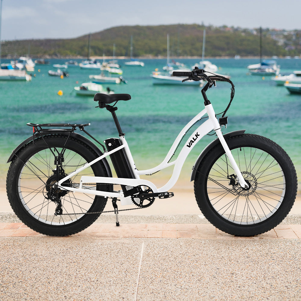 NNEMB Electric Fat Tyre Cruiser Bike, with Throttle, Step-Through eBike, White-1