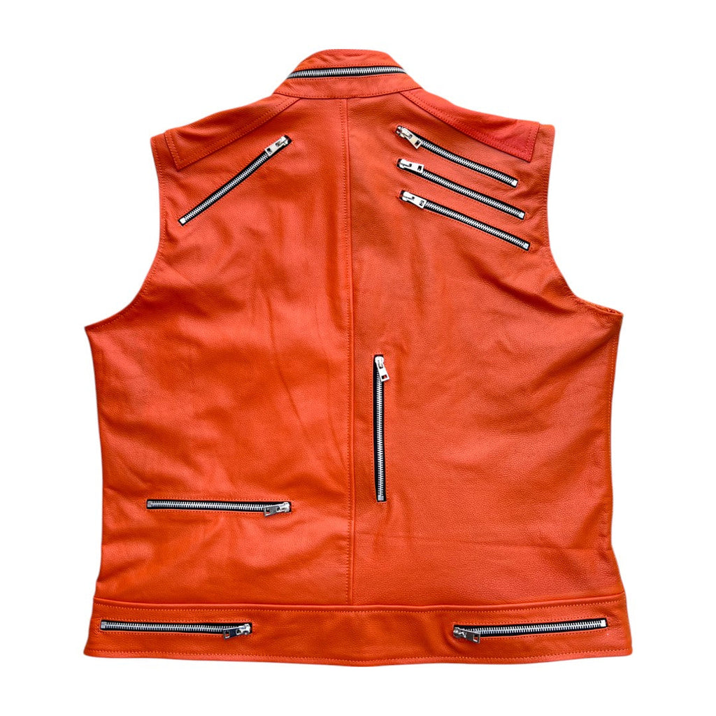 Men's Orange Zipper Leather Vest – Punk Style-3