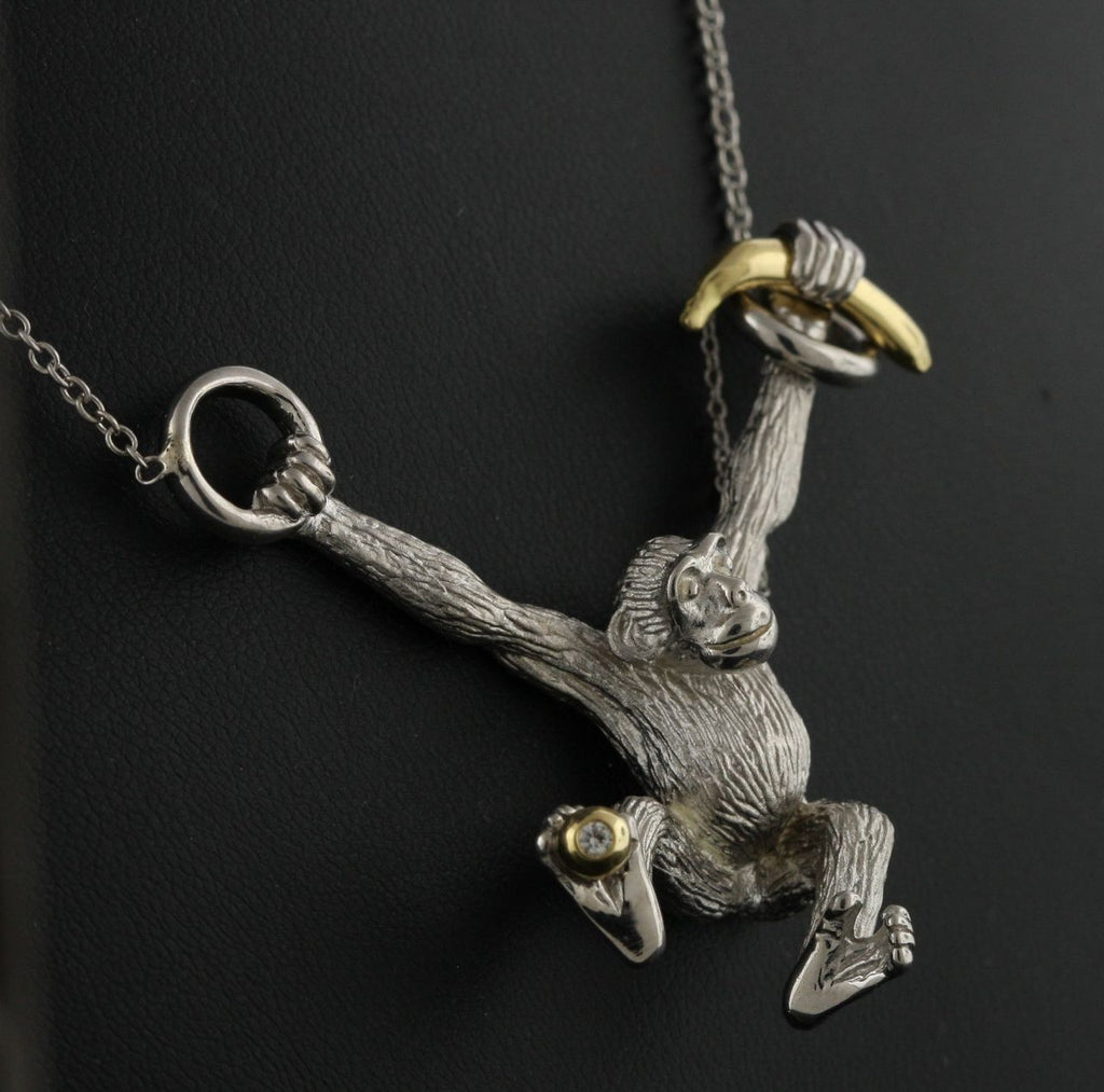 Drop the Banana- Chimp necklace- Sterling Silver- 18K gold plate banana & diamond dot-3