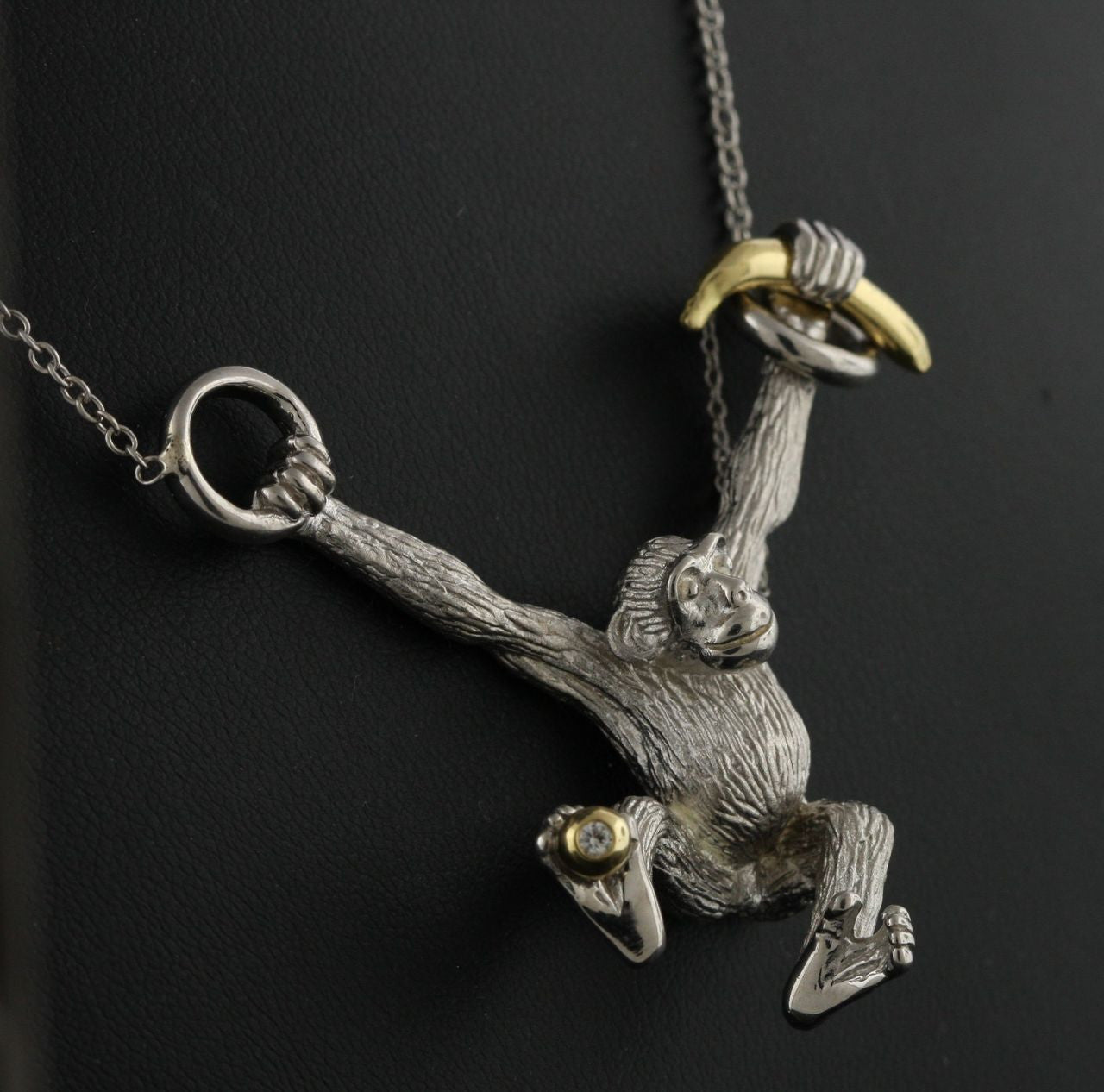 Drop the Banana- Chimp necklace- Sterling Silver- 18K gold plate banana & diamond dot-3