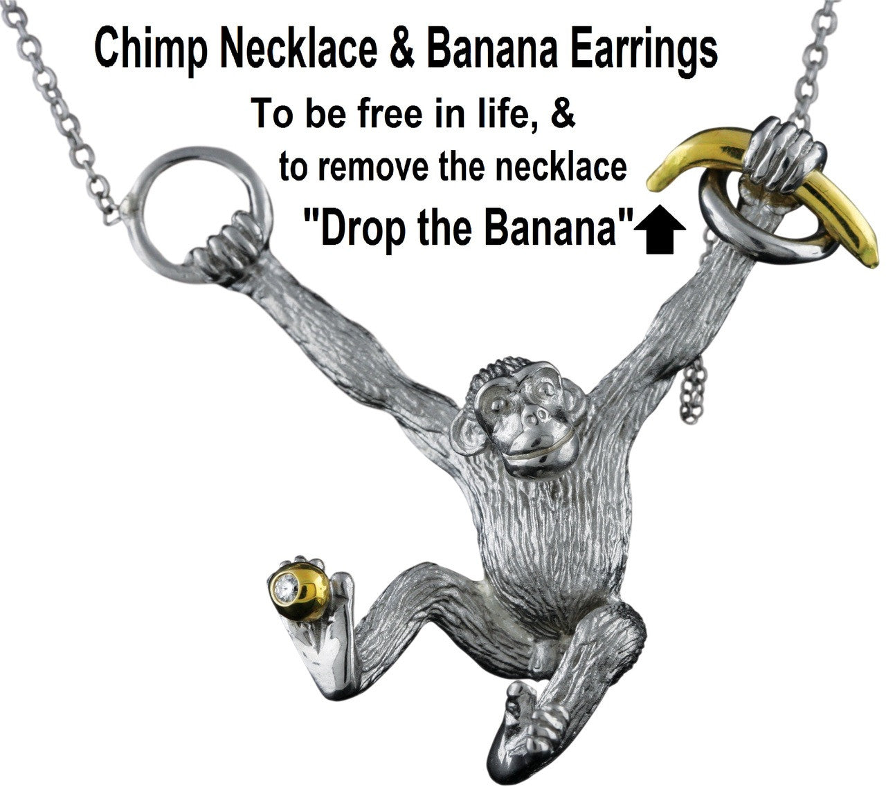 Drop the Banana- Chimp necklace- Sterling Silver- 18K gold plate banana & diamond dot-0