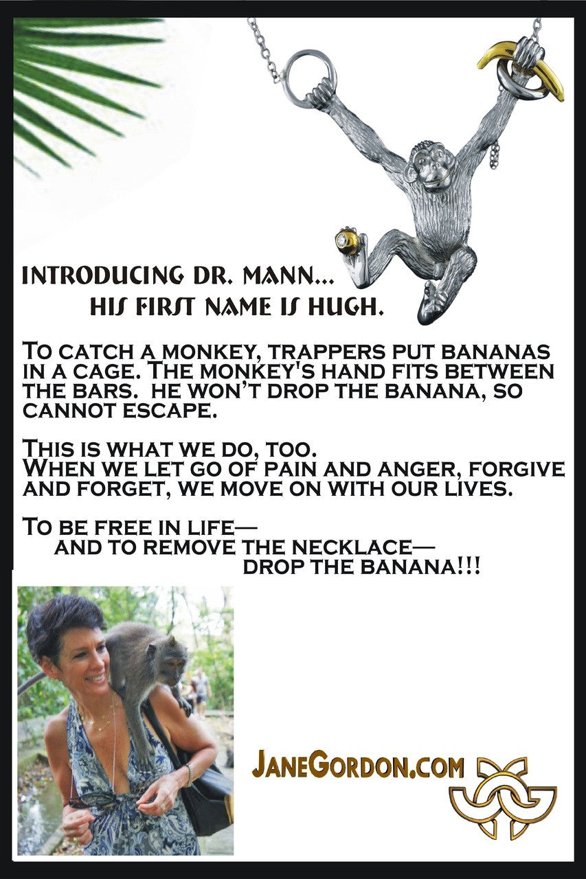 Drop the Banana- Chimp necklace- Sterling Silver- 18K gold plate banana & diamond dot-1