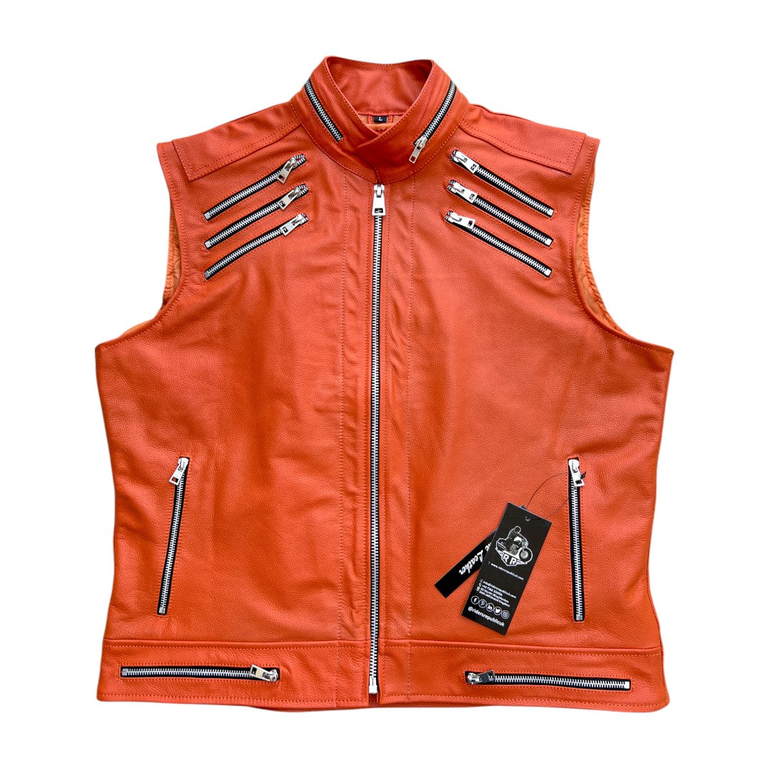 Men's Orange Zipper Leather Vest – Punk Style-4