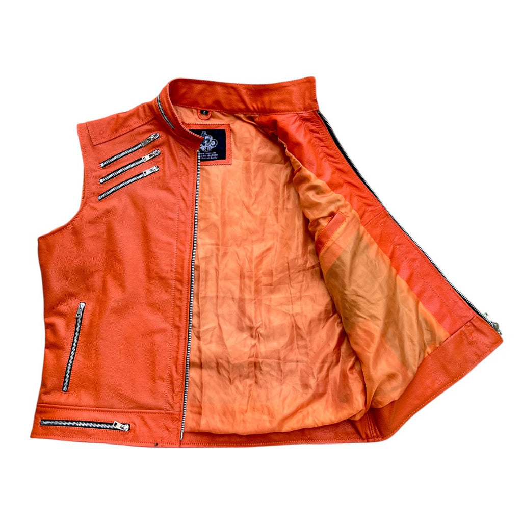 Men's Orange Zipper Leather Vest – Punk Style-1