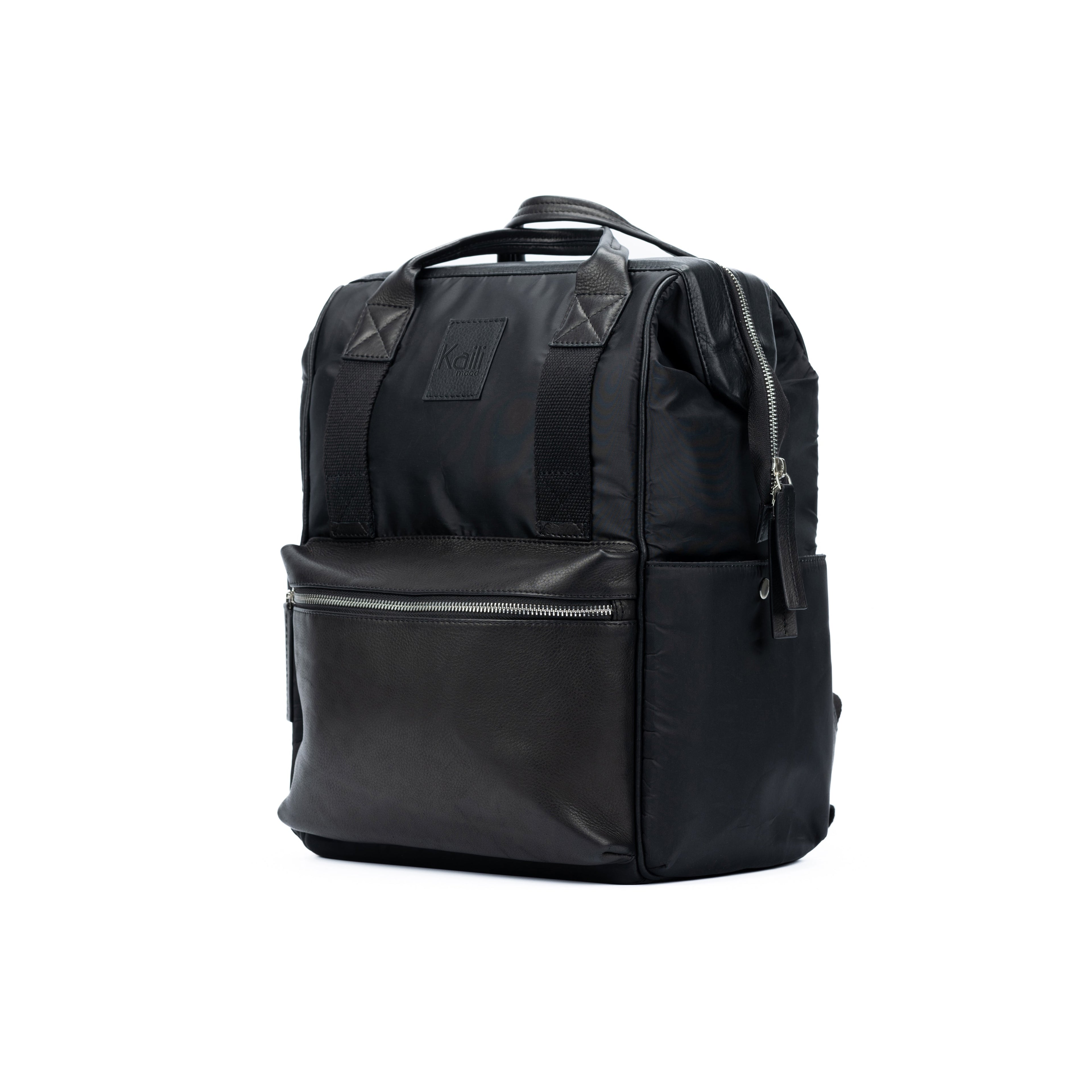 Waterproof Nylon Backpack/Full Grain Leather with Light Grain - Black - GilloServ