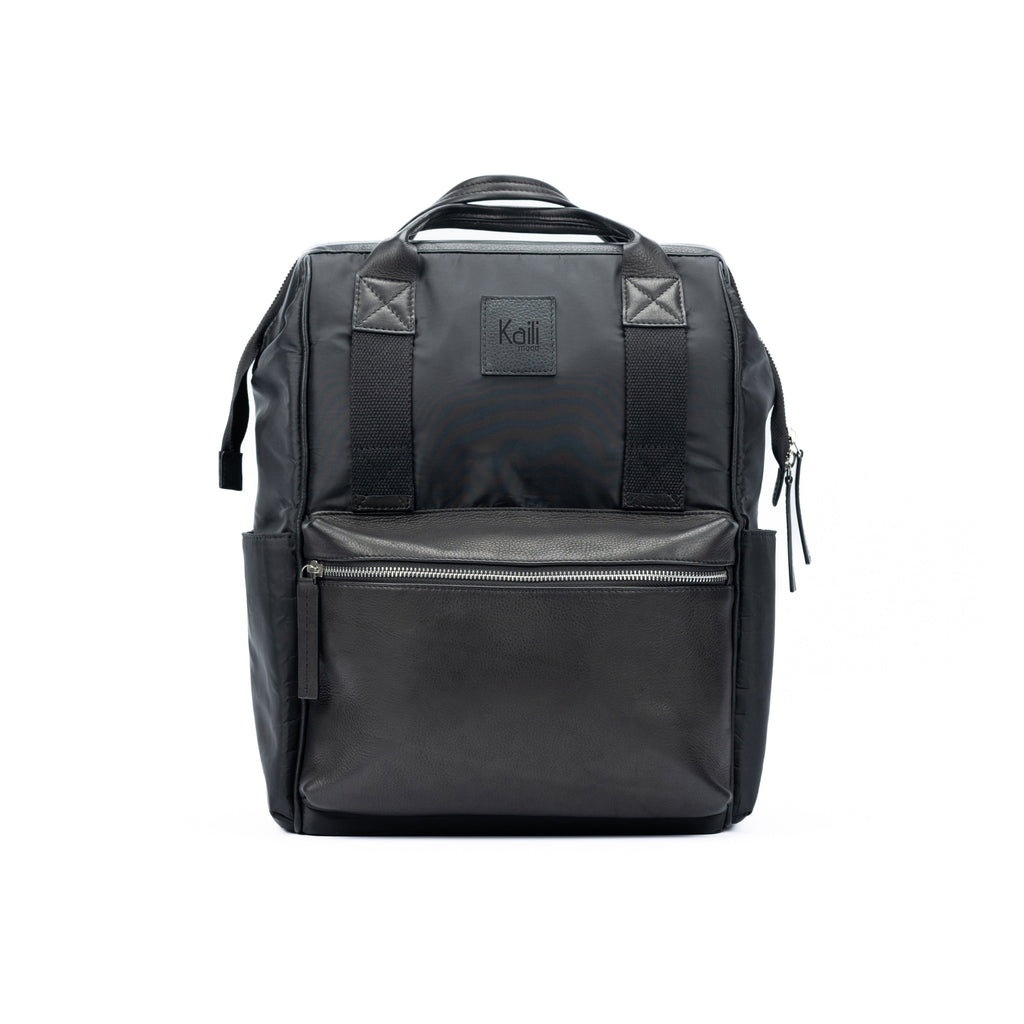 Waterproof Nylon Backpack/Full Grain Leather with Light Grain - Black - GilloServ