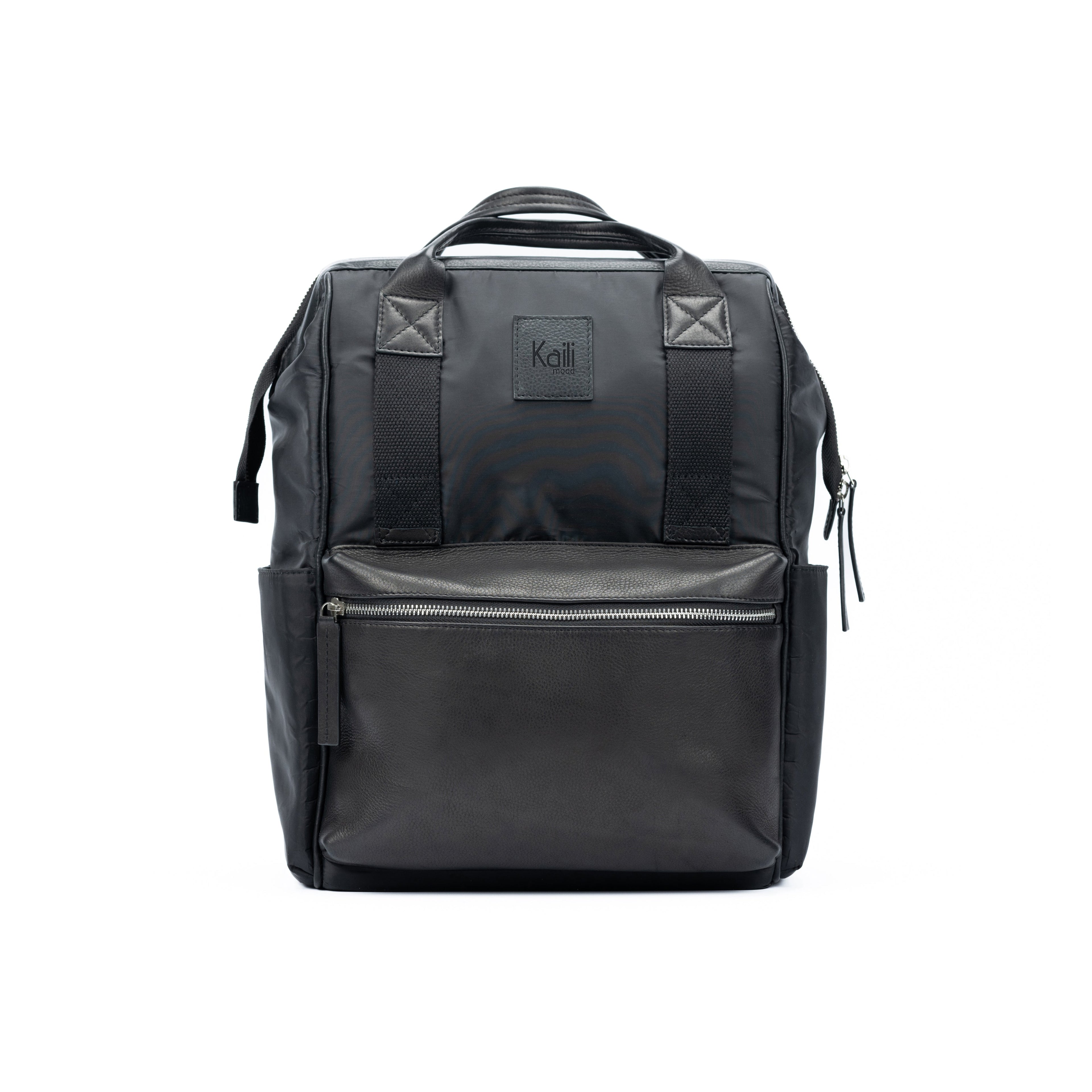Waterproof Nylon Backpack/Full Grain Leather with Light Grain - Black - GilloServ