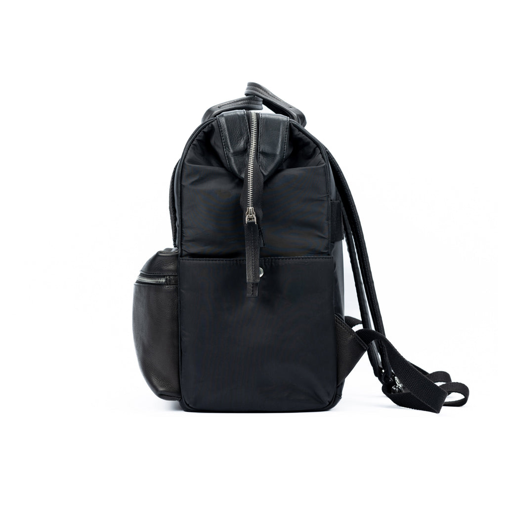 Waterproof Nylon Backpack/Full Grain Leather with Light Grain - Black - GilloServ
