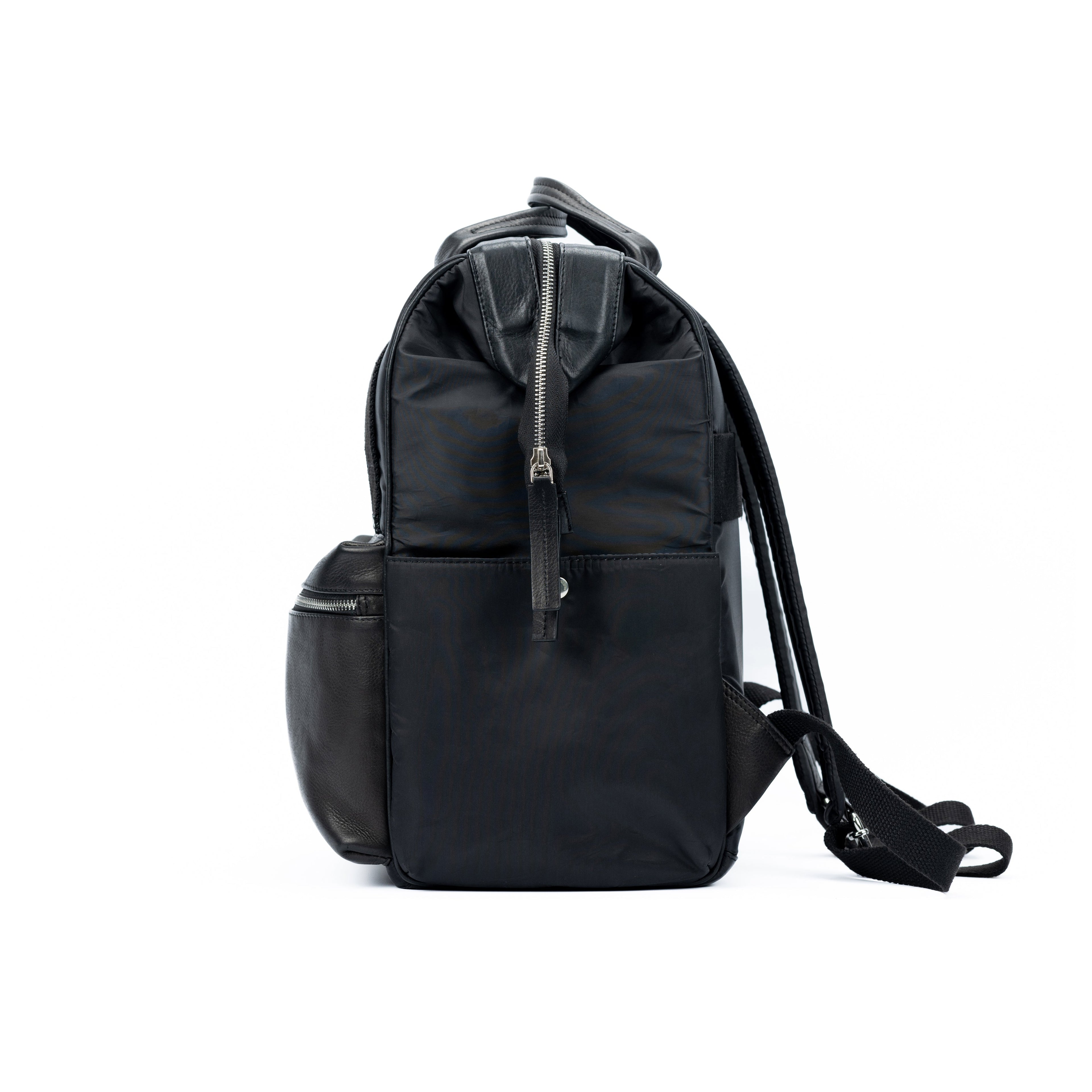 Waterproof Nylon Backpack/Full Grain Leather with Light Grain - Black - GilloServ