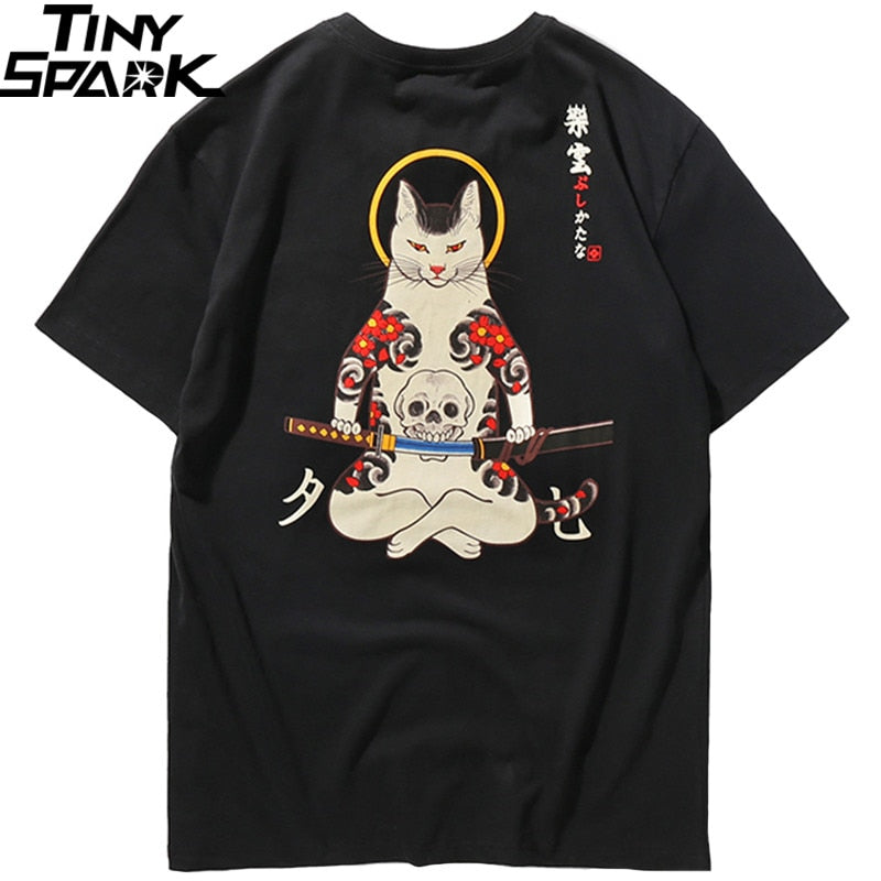 T Shirt Japanese Ninja Cat Skull Hip Hop Streetwear