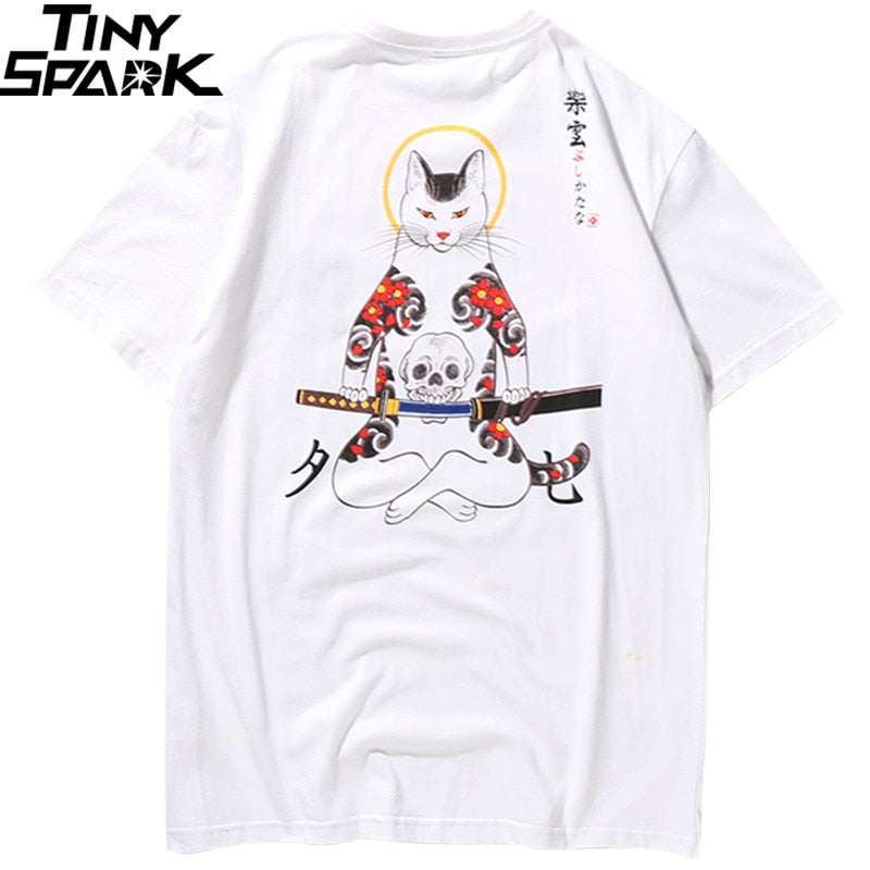 T Shirt Japanese Ninja Cat Skull Hip Hop Streetwear