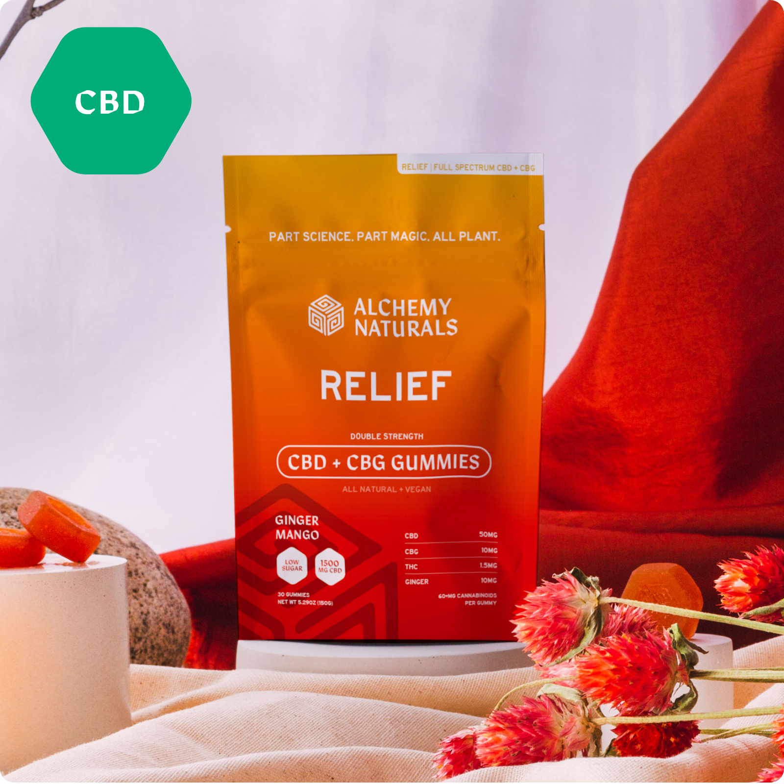 Alchemy Naturals CBD Gummies CBG For Soothing Relief Ginger Extract Six Pack