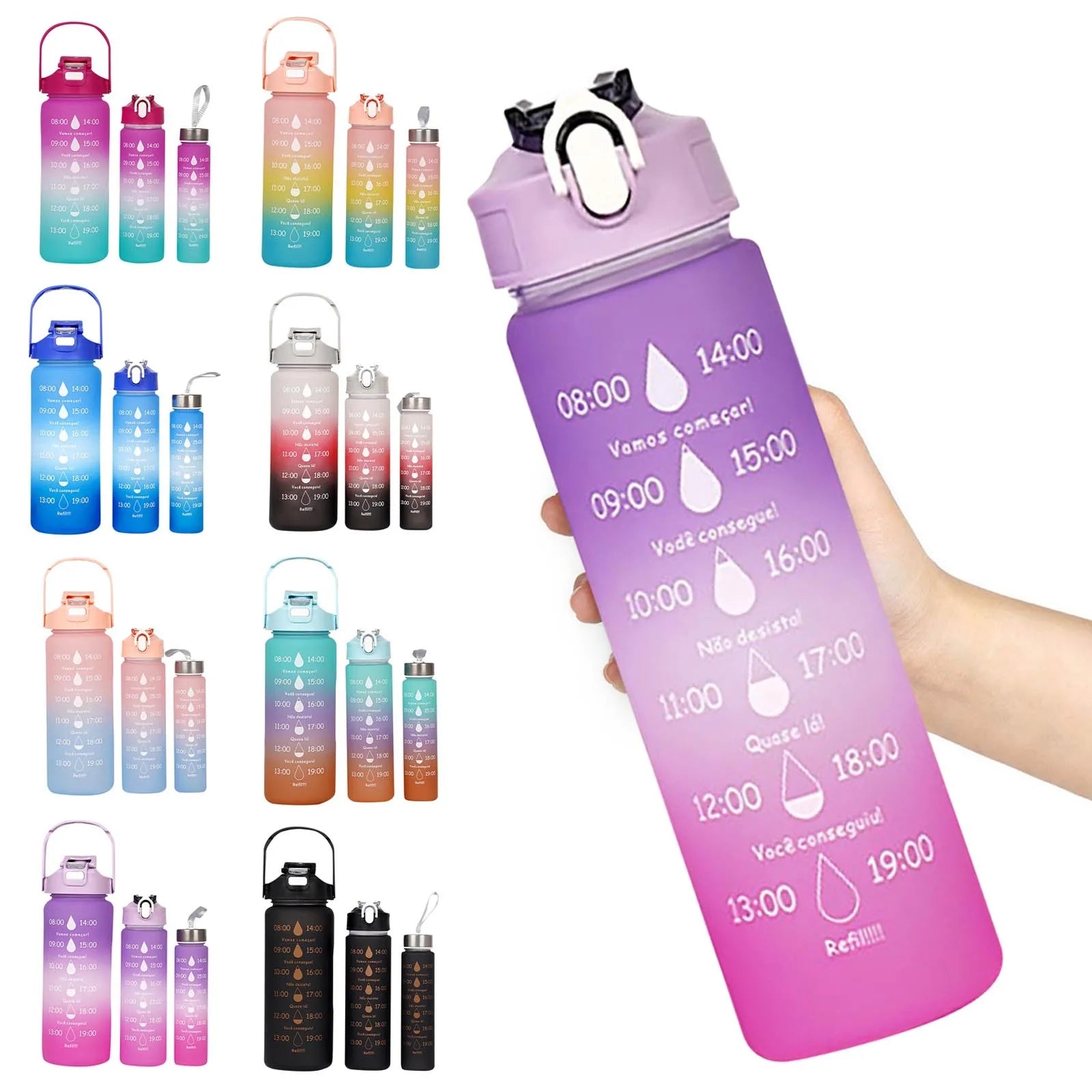 3PC Sports Water Bottle with Straw Time Marker Leak-proof Cup Large Capacity Portable Water bottle for Outdoor Sport Fitness Jug
