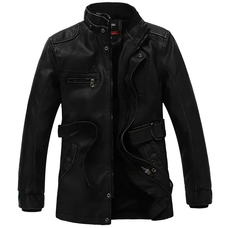 Mens PU Leather Fleece Lined Winter Jacket (Black thin)-0