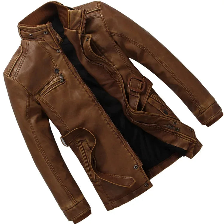 Mens PU Leather Fleece Lined Winter Jacket (Yellow fleece)-1
