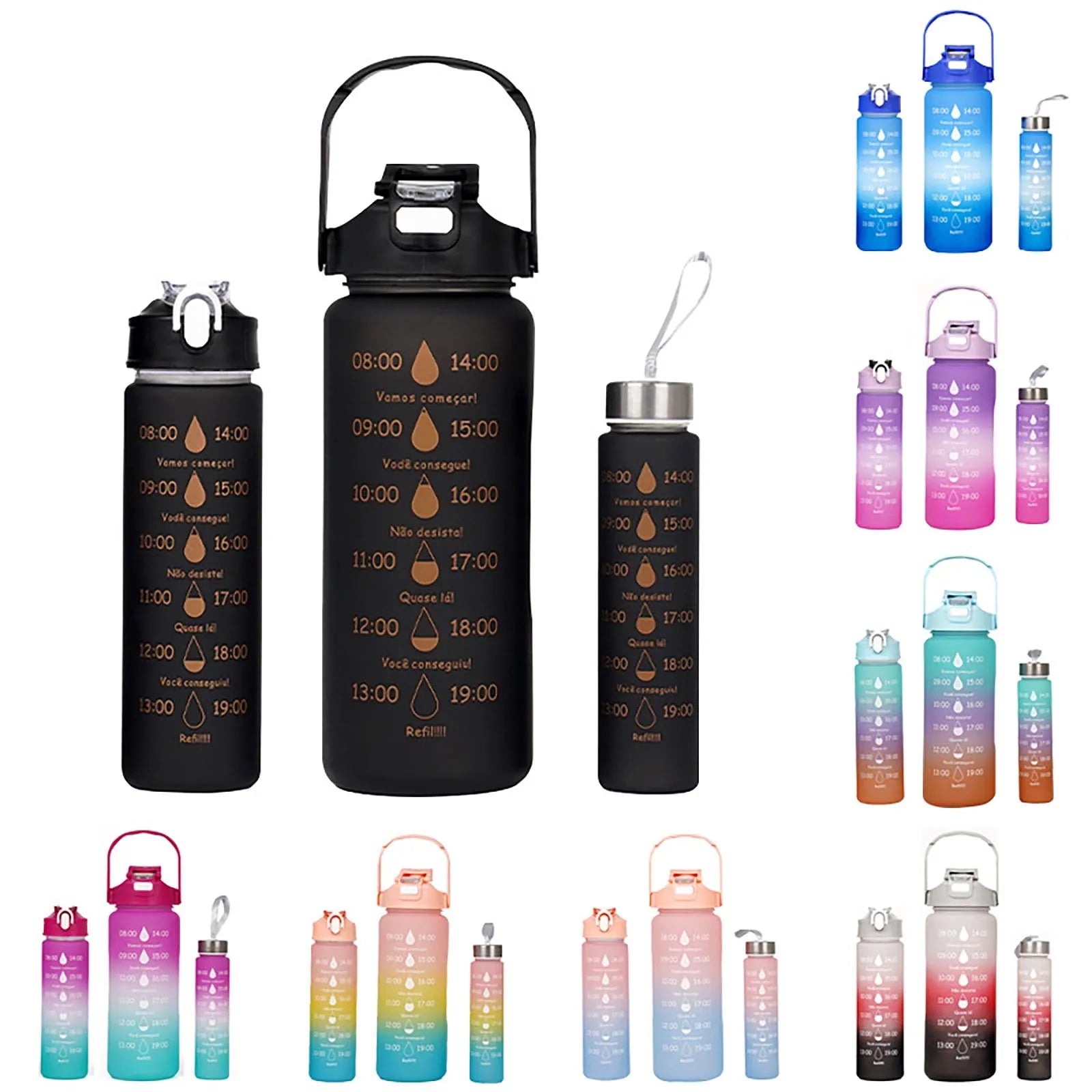 3PC Sports Water Bottle with Straw Time Marker Leak-proof Cup Large Capacity Portable Water bottle for Outdoor Sport Fitness Jug
