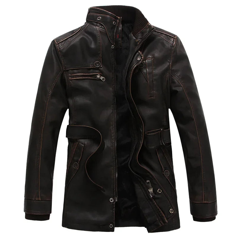 Mens PU Leather Fleece Lined Winter Jacket (Coffee Fleece)-0