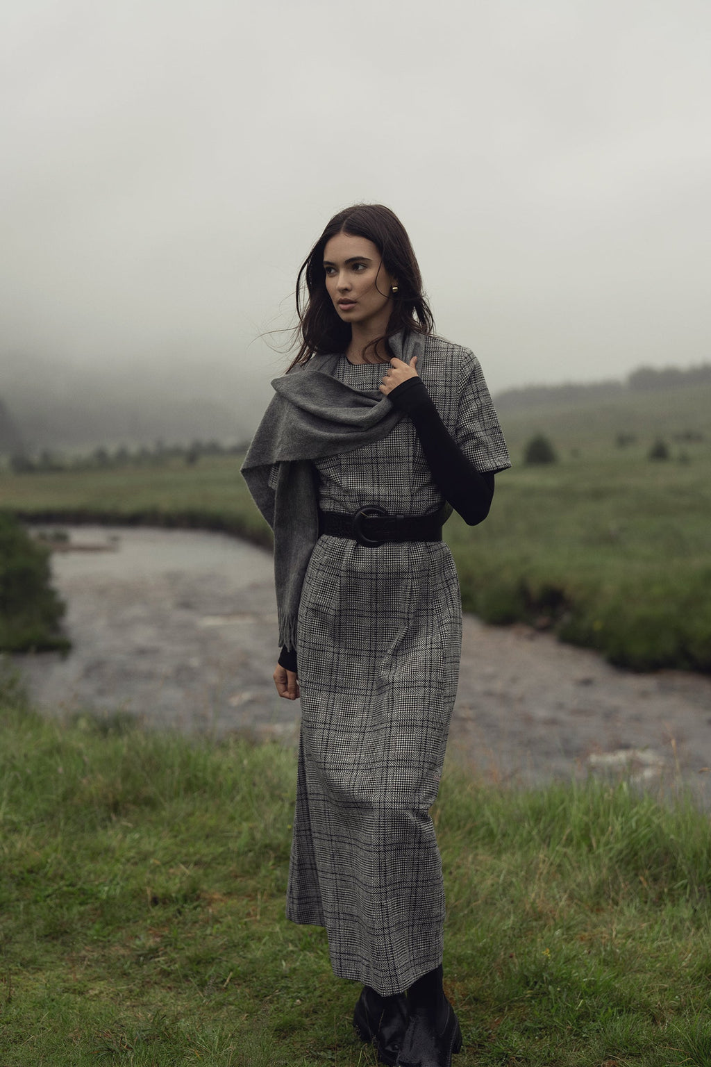 Front Pleat Square Neck Dress-Black/White Plaid-4