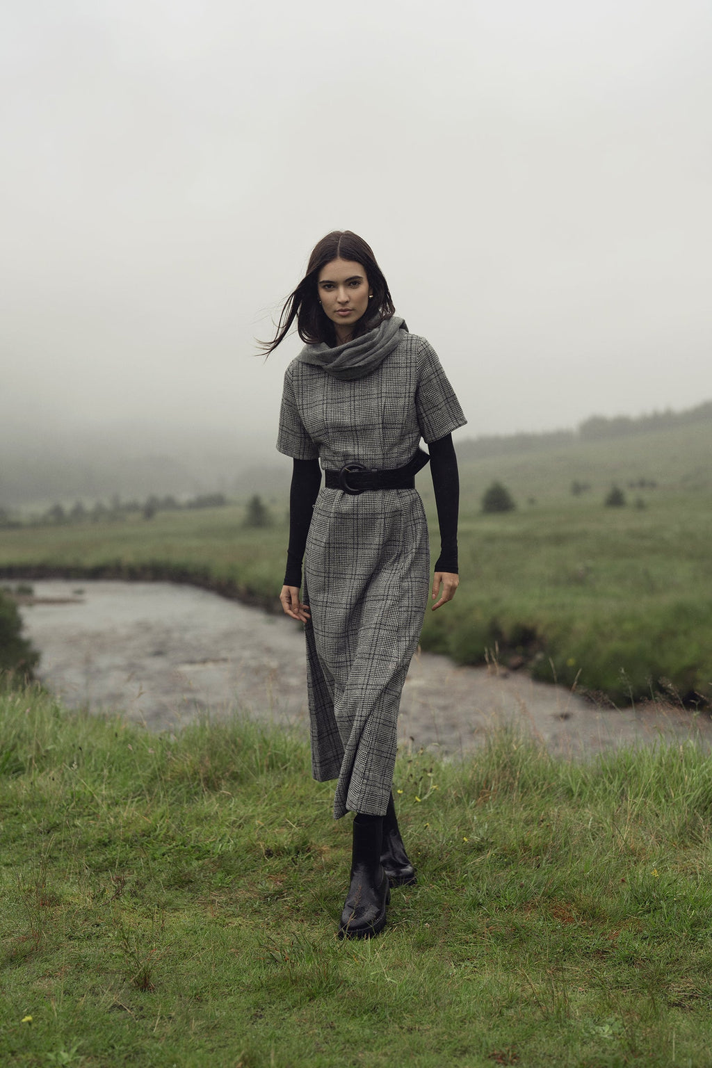 Front Pleat Square Neck Dress-Black/White Plaid-0