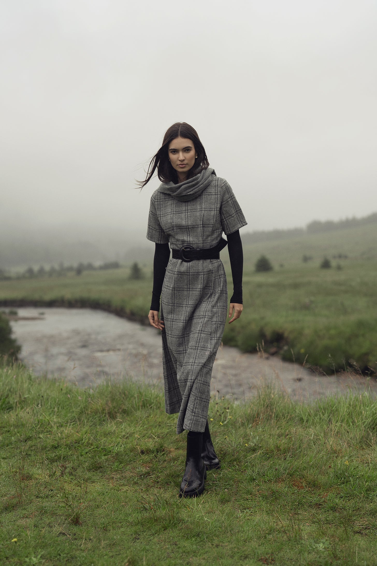 Front Pleat Square Neck Dress-Black/White Plaid-0