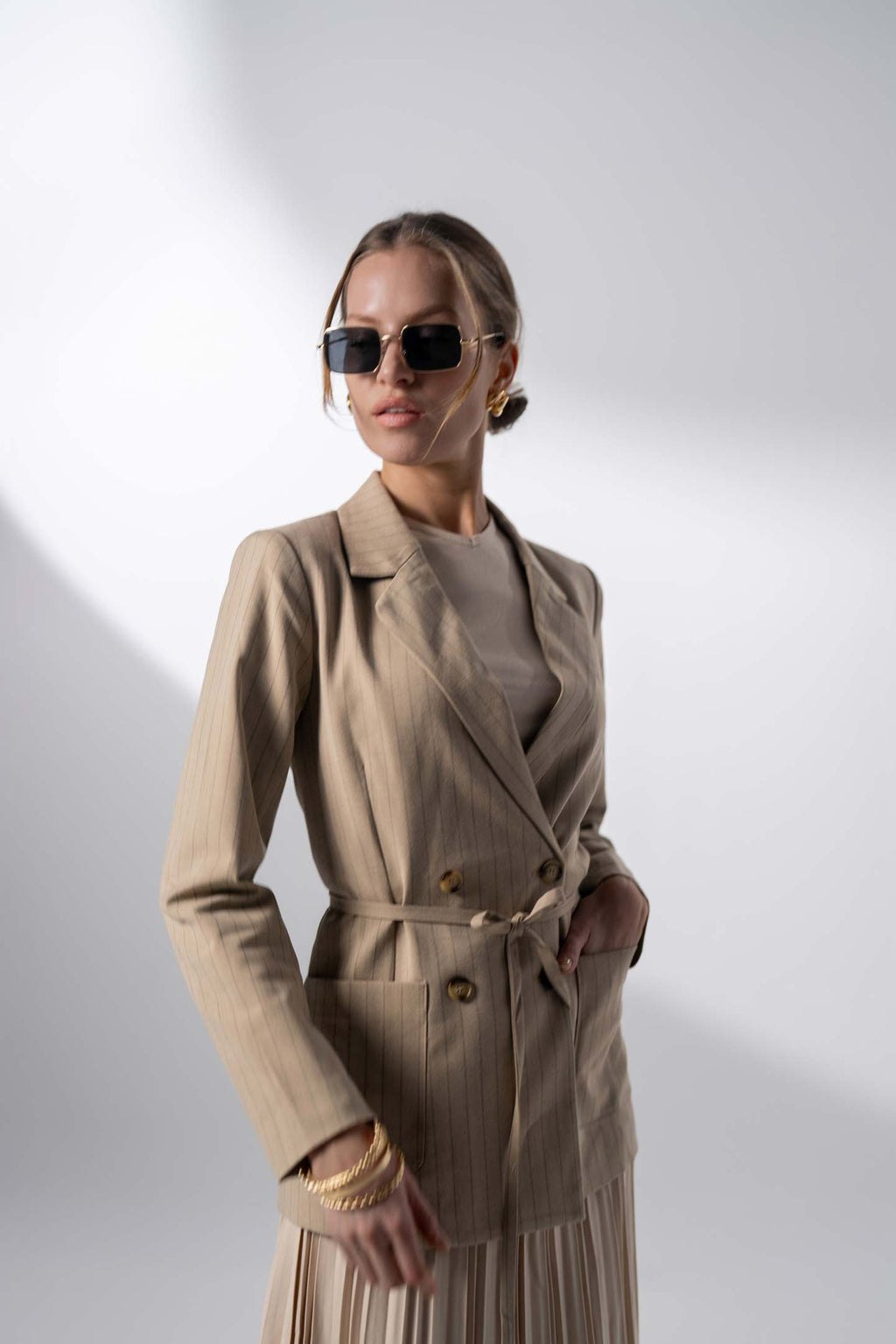 Double Breasted Pinstripe Jacket-Brown