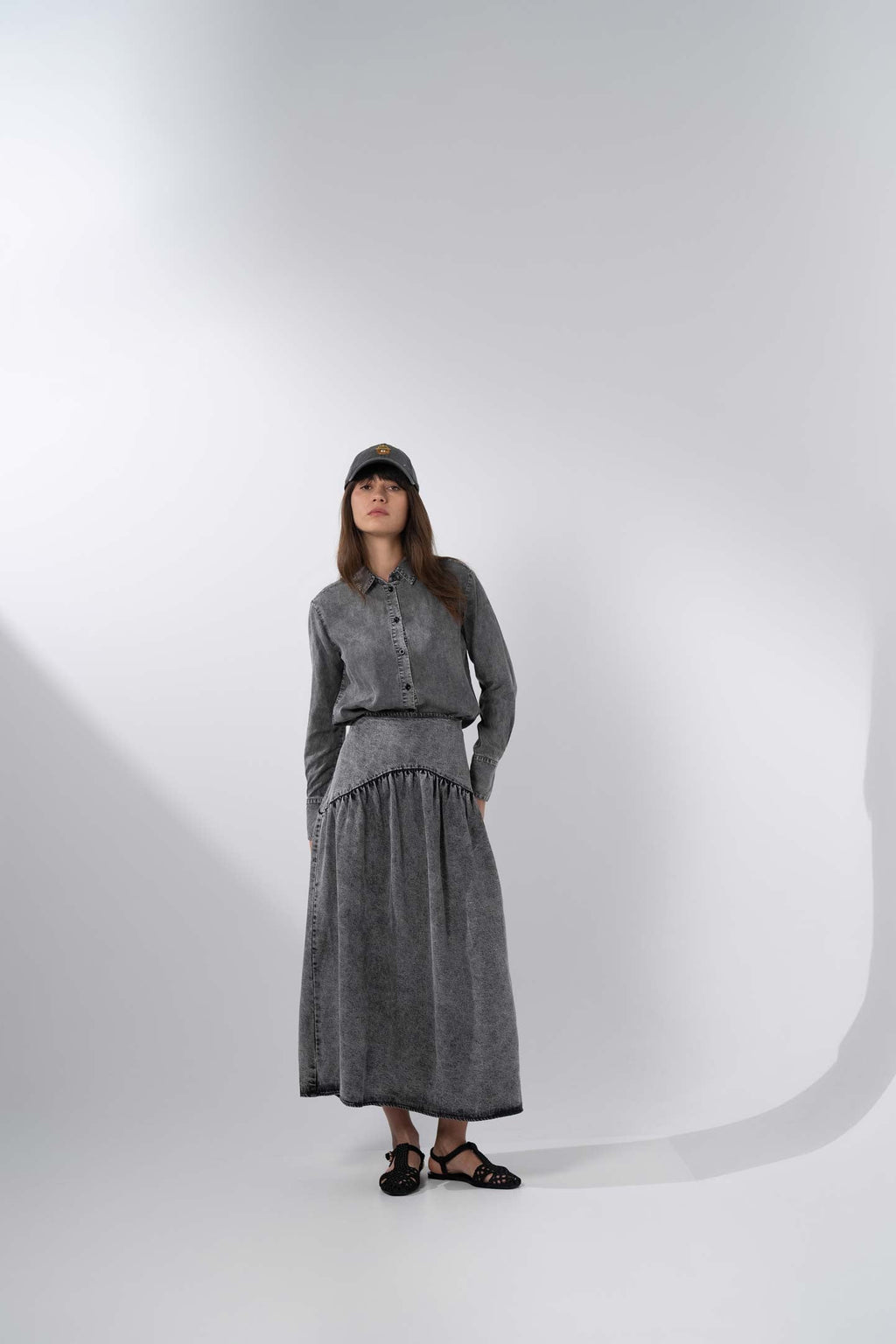 Curved Yoke Washed Denim Skirt 37"-Washed Black-2