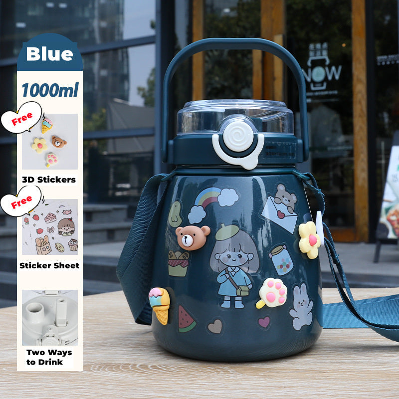 1000ml Large Water Bottle Stainless Steel Straw Water Jug with Sticker Packs (Blue)