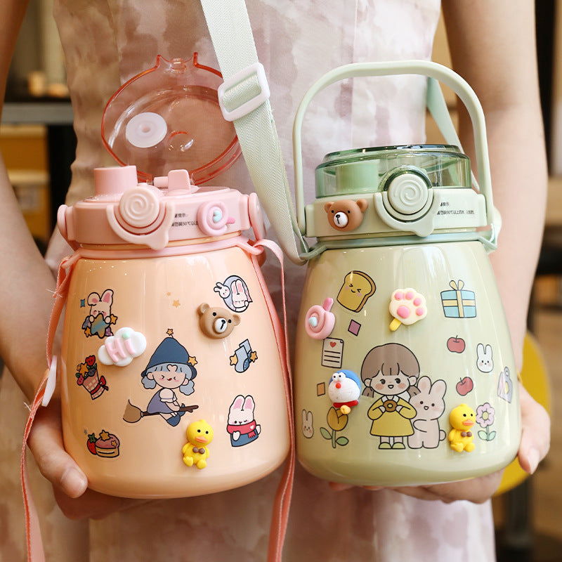 1000ml Large Water Bottle Stainless Steel Straw Water Jug with Sticker Packs (Blue)