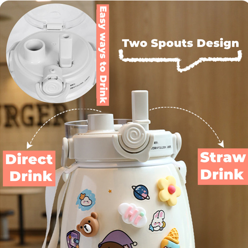 1000ml Large Water Bottle Stainless Steel Straw Water Jug with Sticker Packs (Blue)