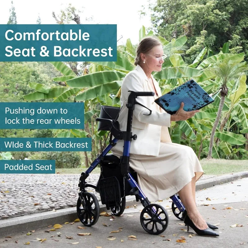 2 IN 1 Rollator Walker & Transport Chair, Folding Wheelchair, Mobility Walking Aid, with Seat Belt, Padded Seat, and Detachable - GilloServ