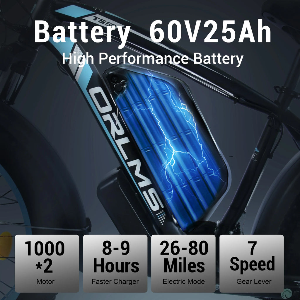 TS60 Electric Bicycle 1000W*2// 60V//25AH Battery A dult E-Bike Hydraulic Disc Brakes - GilloServ