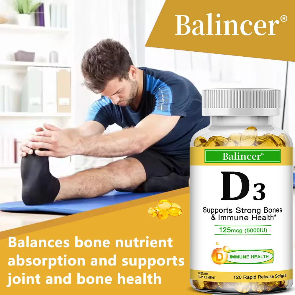 Balincer Vitamin D3 5000 IU (125 Mcg), Dietary Supplement for Bone, Teeth, Muscle and Immune Health Support, 30/60/120 Softgels - GilloServ