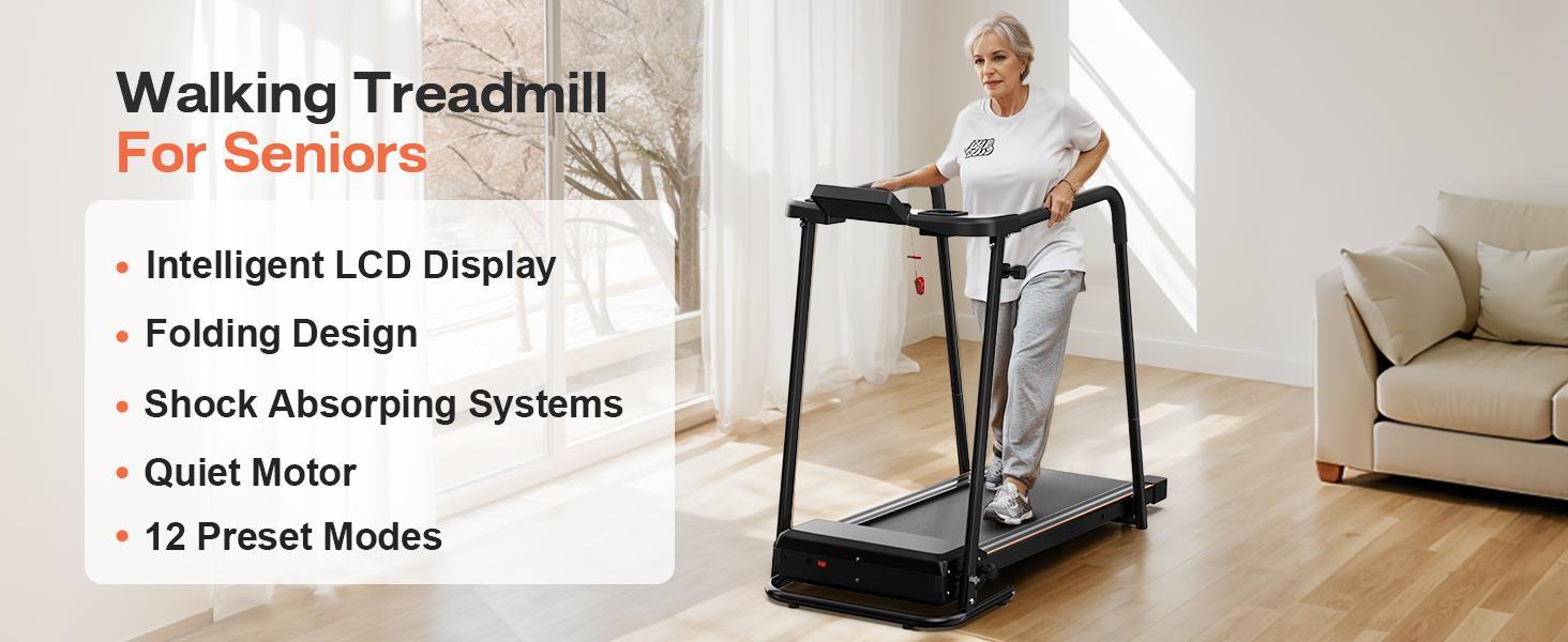 Elderly Rehabilitation Treadmill With Long Armrests LCD Display 300 Lbs Weight Capacity 3 Control Modes Cup Holder 0.5 To 7.5 MPH Speed Safety Key Easy-Move Wheels - GilloServ