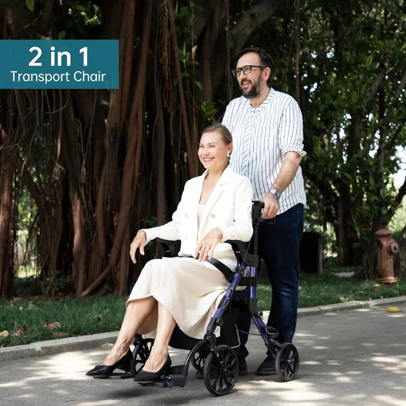 2 IN 1 Rollator Walker & Transport Chair, Folding Wheelchair, Mobility Walking Aid, with Seat Belt, Padded Seat, and Detachable - GilloServ