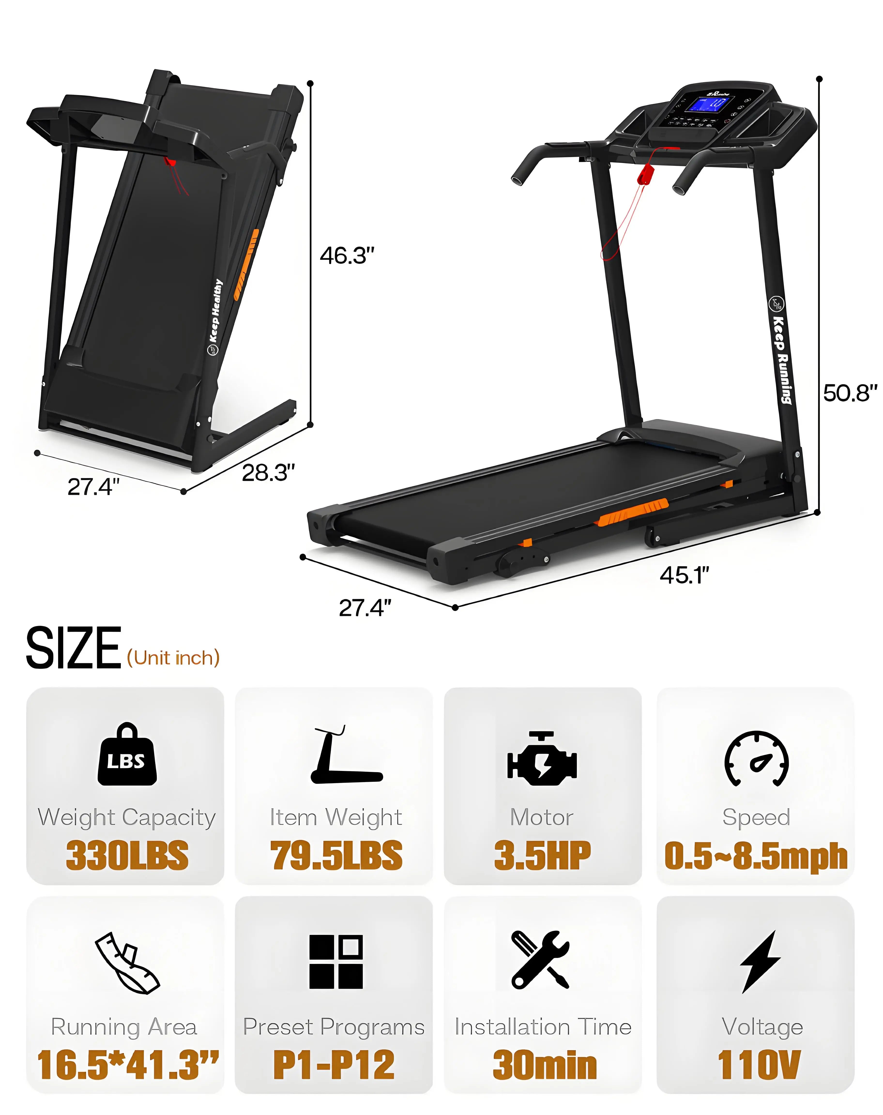 Foldable Electric Treadmill with Incline - 3.5HP Motor, Handrail Speed Control, Pulse Monitor, 12 Training Programs, Max 330lbs - GilloServ