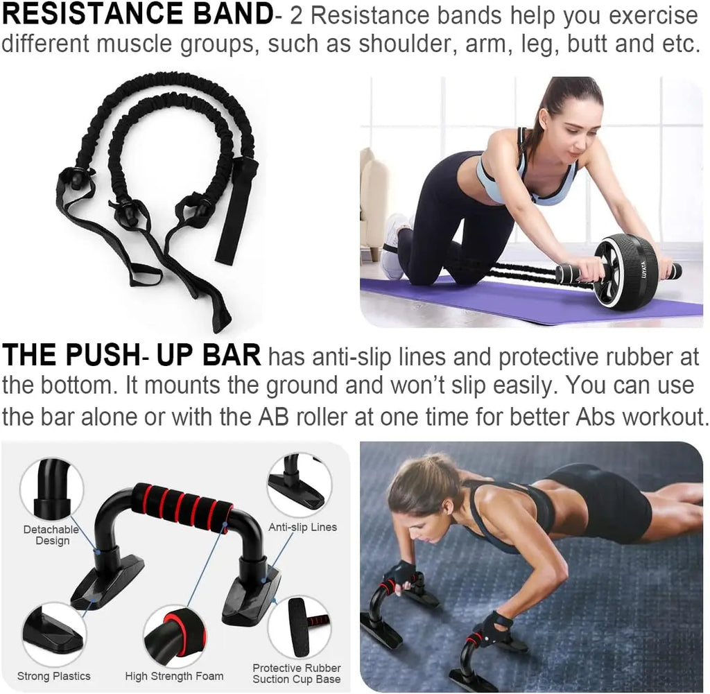 Ab Roller Wheel 10-In-1 Ab Exercise Wheels Kit// With Resistance Bands Knee Mat Jump Rope Push-Up Bar Home Gym Equipment for Men W - GilloServ
