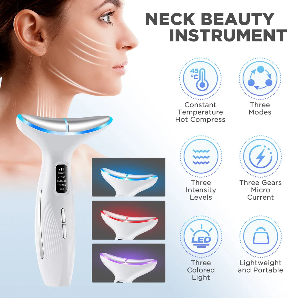 3 Colors LED Neck Beauty Device EMS Facial Lifting/ Massager Double Chin Remover/Heat Therapy Face Skin Rejuvenation Instrument - GilloServ