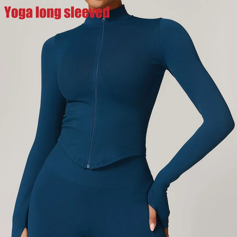 Zipper Women Crop Tops Yoga T-shirts Solid // Long Sleeve Running Shirts Sexy Quick Dry Fitness Jacket Gym Sport Wear - GilloServ