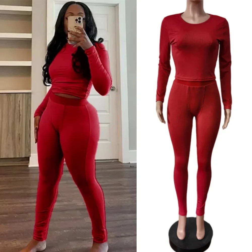 New Ribbing 2 Piece Sets Women Outfit Solid Long Sleeve Crop Top + High Waist Leggings Suits Sportswear - GilloServ
