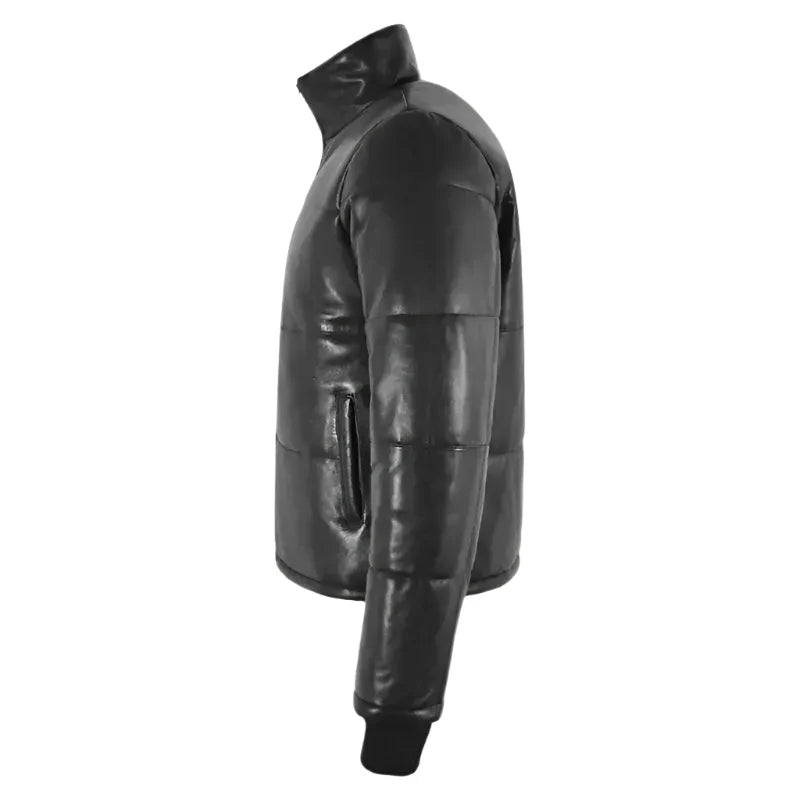 Black Real Leather Puffer Winter Jacket-3