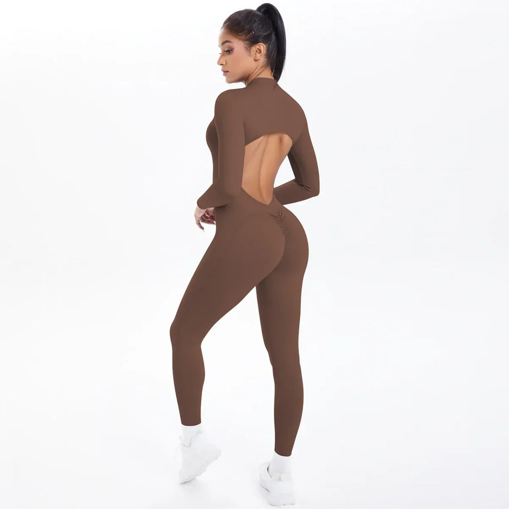 Women's Yoga Bodysuit Half Zip Front Open Back Butt Lift - GilloServ